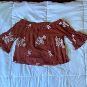 Over the shoulder floral embroidered blouse